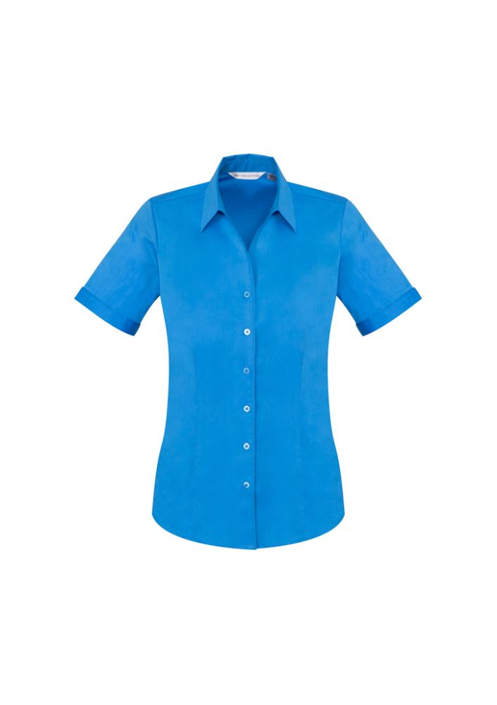 Cyan short sleeve shirt for women, featuring Y-neckline, stretch fabric, tailored fit, and UPF sun protection, by Biz Collection.