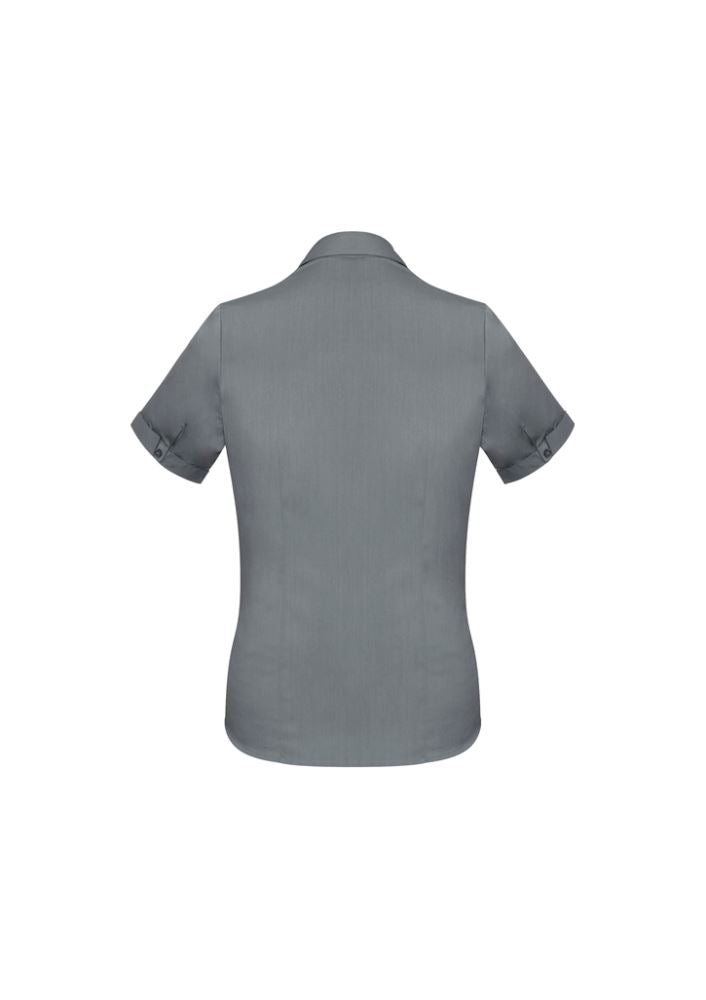 Ladies Monaco Short Sleeve Shirt in Platinum, Size 16, featuring a Y-neckline and tailored fit for stylish comfort.