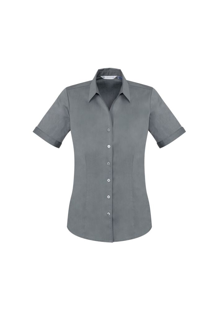 Ladies Monaco Short Sleeve Shirt in Platinum, Size 22, featuring Y-neckline, turn-back cuffs, and stylish fit for versatile wear.