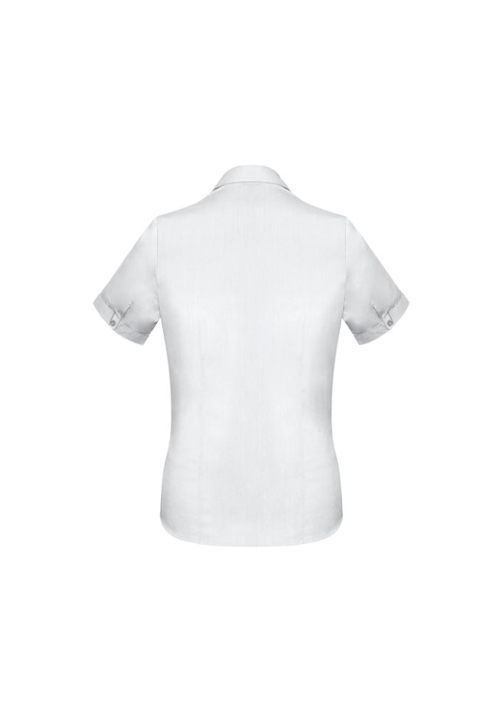 Stylish white short sleeve shirt for ladies, featuring Y-neckline and elegant fit, ideal for work or casual outings.