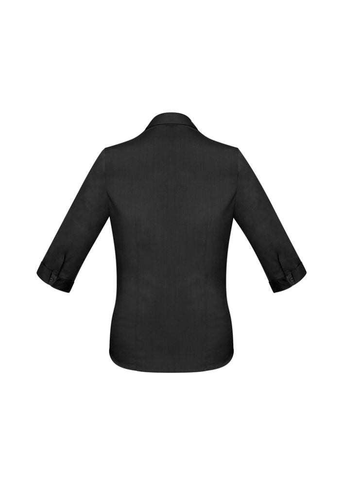 Elegant black Ladies Monaco 3/4 Sleeve Shirt, size 12, featuring a Y-neckline, tailored fit, and very good UPF protection.