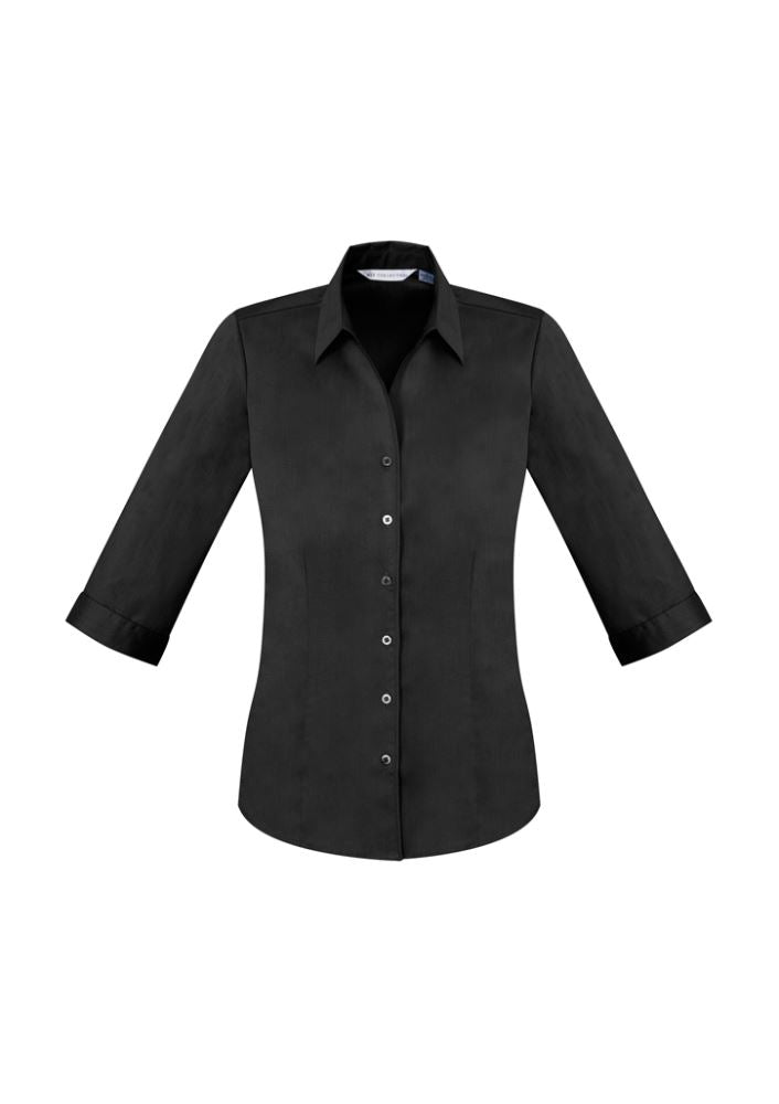 Ladies Monaco 3/4 Sleeve Shirt in black, size 8, featuring a chic Y-neckline and curved hem for versatile styling.