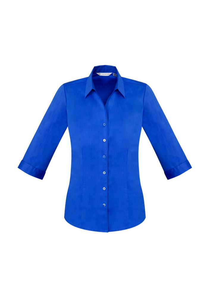 Electric Blue 3/4 sleeve shirt for women, featuring Y-neckline, tailored fit, and good UPF protection, perfect for all occasions.