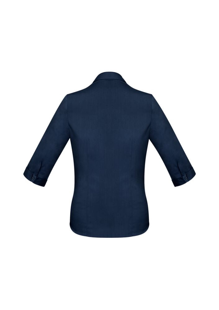 Ladies Monaco 3/4 Sleeve Shirt in Ink, size 20, featuring Y-neckline, curved hem, and elegant fit for versatile styling.