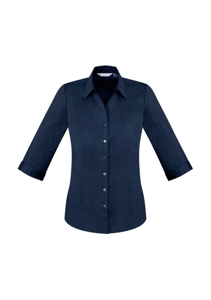 Elegant ink-colored 3/4 sleeve shirt for women, featuring a Y-neckline, darted fit, and UV protection for versatile styling.