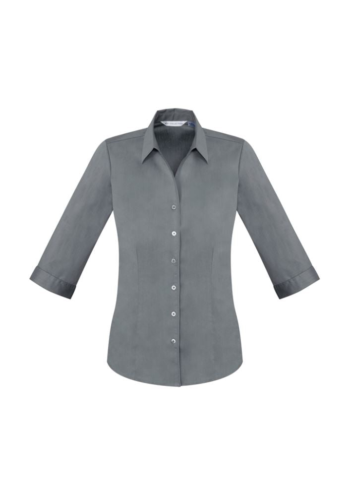 Elegant platinum 3/4 sleeve shirt for women, featuring a Y-neckline, tailored fit, and sun protection, perfect for versatile styling.