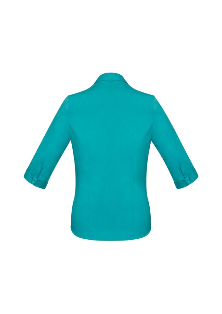 Teal 3/4 sleeve shirt for women, featuring Y-neckline, curved hem, and comfortable cotton-rich fabric, Size 6 by Biz Collection.