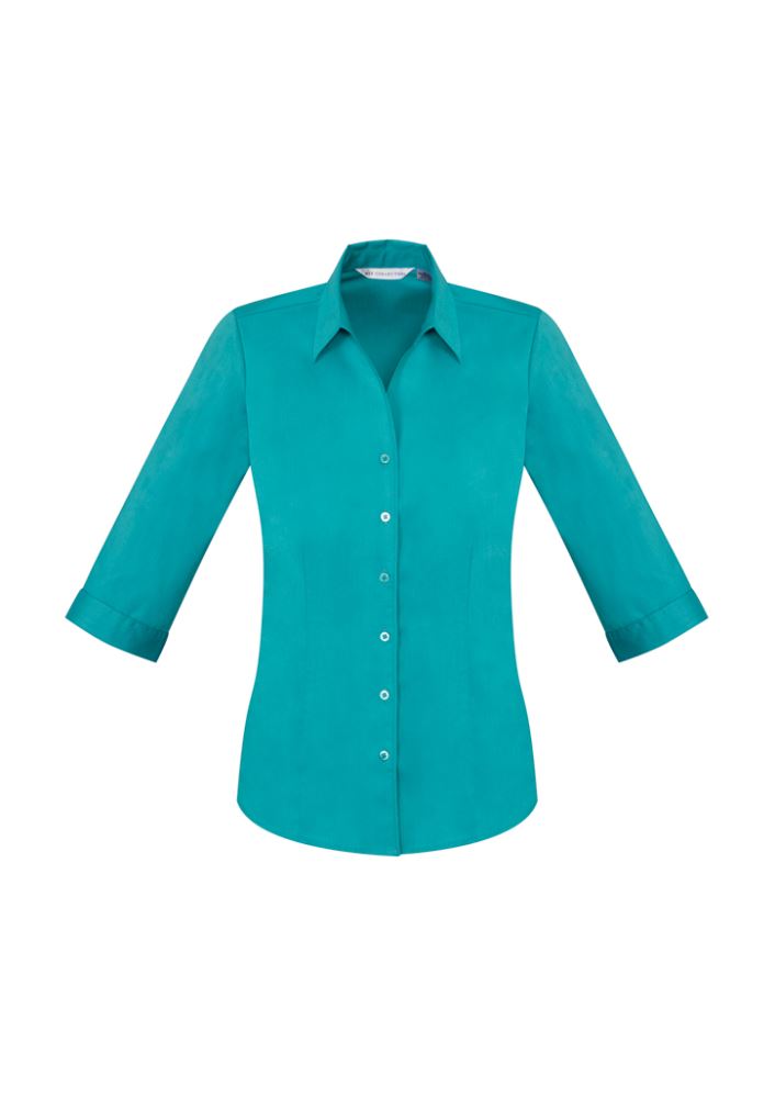 Teal Ladies Monaco 3/4 Sleeve Shirt, size 12, featuring Y-neckline, turn back cuffs, and elegant fit with curved hem.