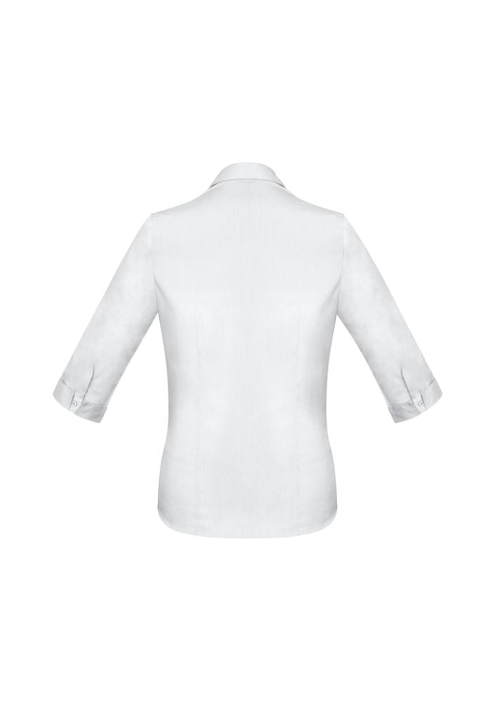 Ladies Monaco 3/4 Sleeve Shirt in white, size 8, featuring a Y-neckline, turn-back cuffs, and a flattering fit.