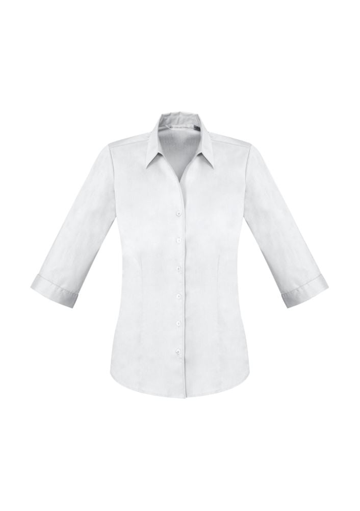 Ladies Monaco 3/4 Sleeve Shirt in white, featuring a Y-neckline, turn-back cuffs, and lightweight stretch fabric for comfort.