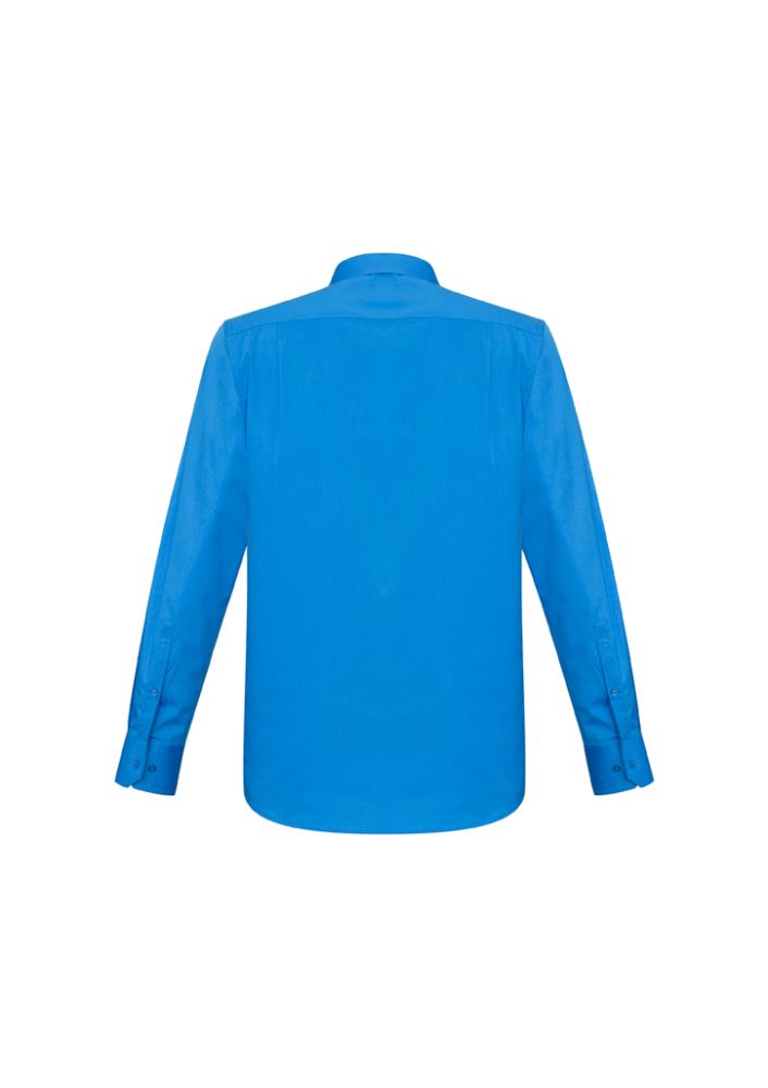Men's cyan long sleeve shirt in size 2XL with modern collar, chest pocket, and curved hem; versatile for casual and professional wear.