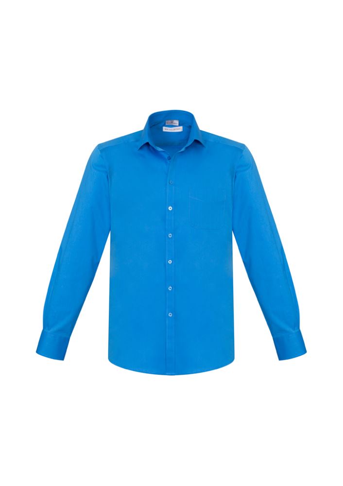 Men's Monaco Long Sleeve Shirt in vibrant cyan, size 2XL, featuring a modern collar, chest pocket, and UPF protection.