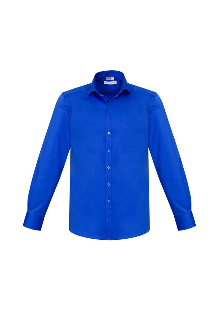 Electric blue long sleeve shirt for men, size 4XL, featuring modern collar, chest pocket, and UPF protection from Biz Collection.