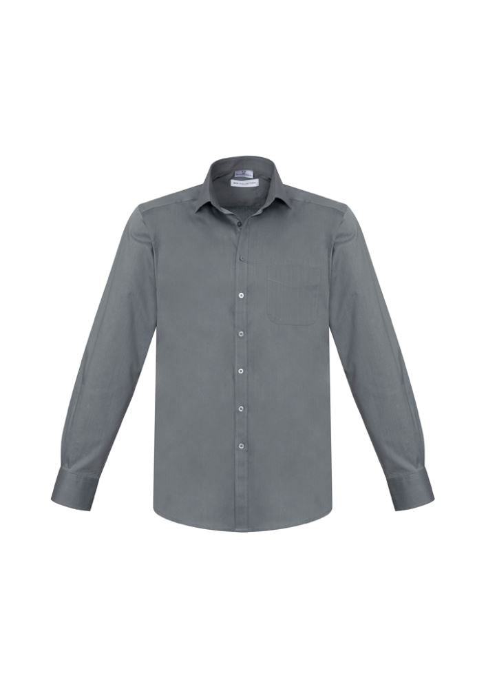 Mens Monaco Long Sleeve Shirt in Platinum, size 5XL, features a modern collar, chest pocket, and built-in stretch for comfort.
