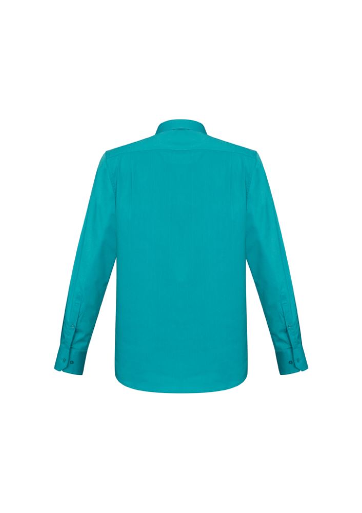Mens Monaco Long Sleeve Shirt in teal, featuring a modern collar, chest pocket, and curved hem for versatile styling.