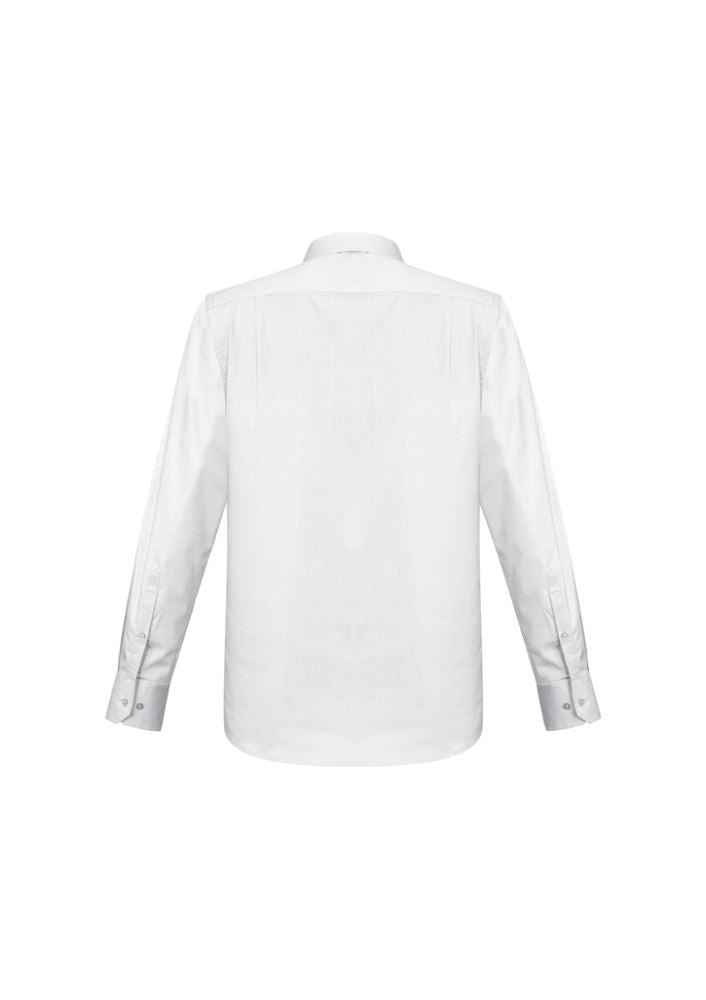 Men's white long sleeve Monaco shirt, size S, featuring comfortable stretch fabric, modern collar, chest pocket, and curved hem.
