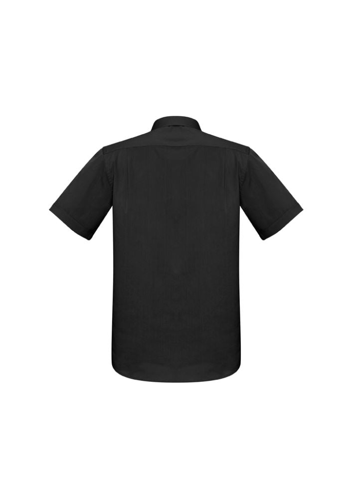 Men's black short sleeve shirt in size 5XL, featuring modern collar, chest pocket, and built-in stretch for comfort.
