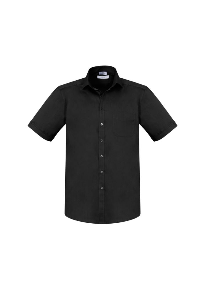 Men's Black Short Sleeve Shirt in 5XL, featuring cotton-rich fabric, modern collar, chest pocket, and UPF protection.