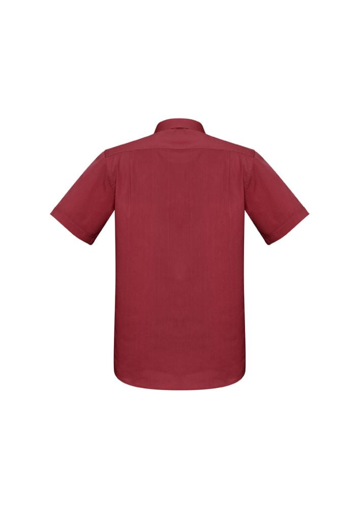 Men's cherry short sleeve shirt from Biz Collection, featuring a modern collar, chest pocket, and UPF protection. Size M.