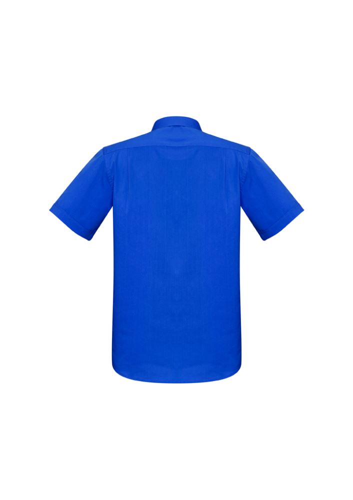 Electric blue short sleeve shirt for men, featuring modern collar, chest pocket, and built-in stretch for comfort.