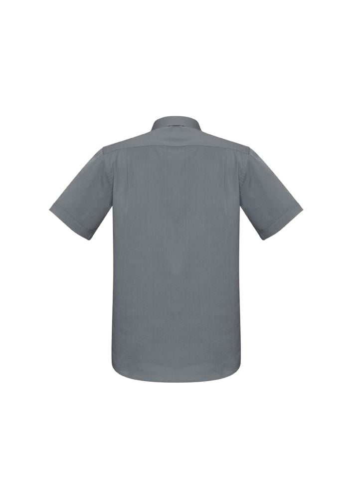 Men's platinum short sleeve Monaco shirt featuring modern collar, chest pocket, and curved hem for versatile styling.