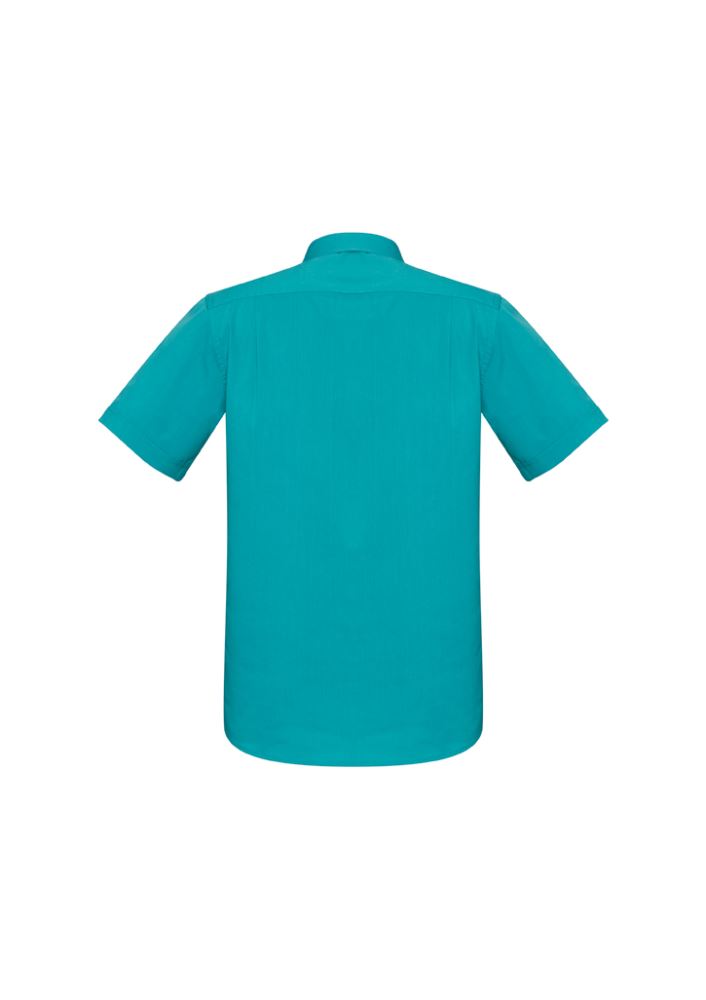 Teal short sleeve men's shirt with modern collar, chest pocket, and curved hem, designed for comfort and style in size XS.