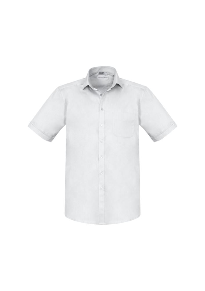 Mens Monaco Short Sleeve Shirt in white, size 2XL, featuring premium fabric, UPF protection, and a modern fit with curved hem.