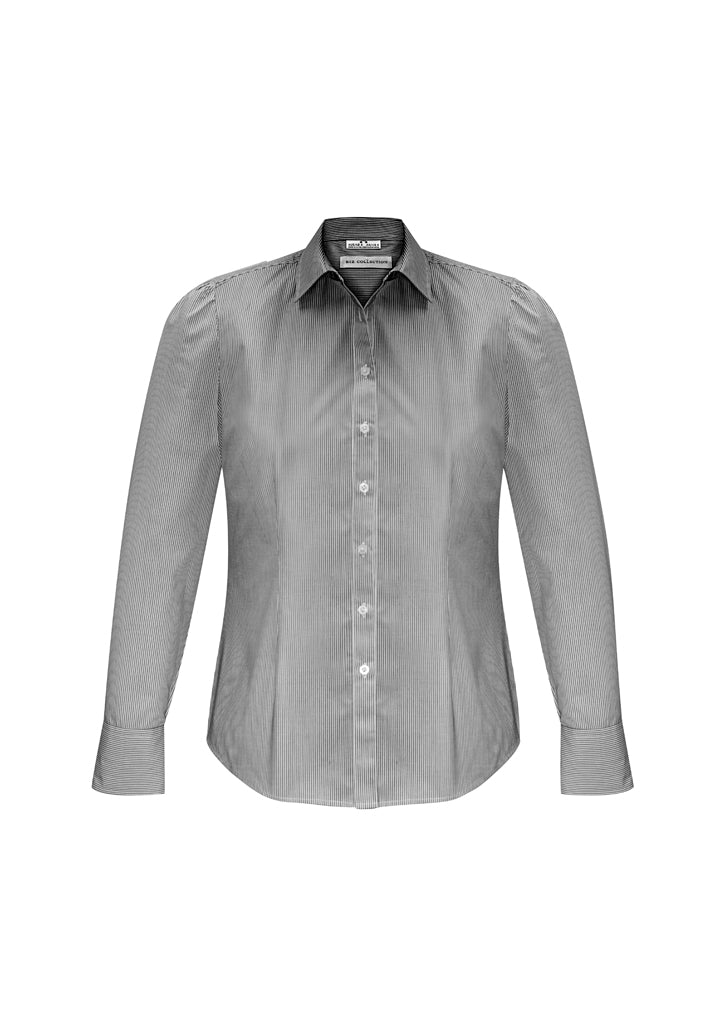 Ladies Euro Long Sleeve Shirt in black, size 24, featuring gathered details and a curved hem for versatile styling options.