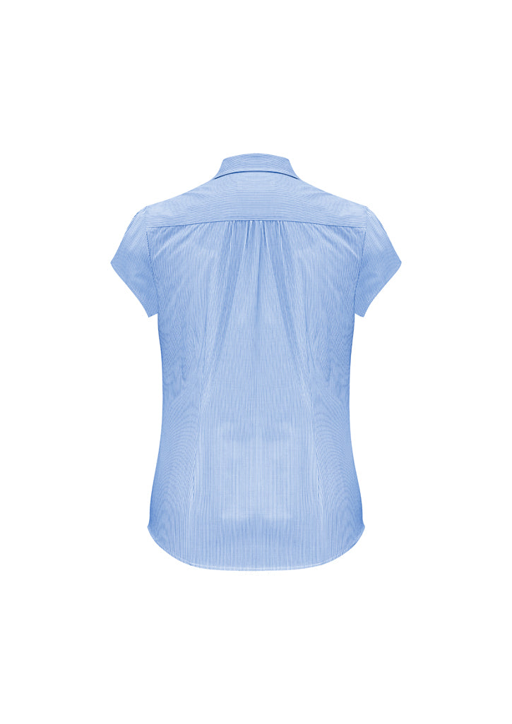Ladies Euro Short Sleeve Shirt in blue, size 18; features gathered details, curved hem, and UPF sun protection.