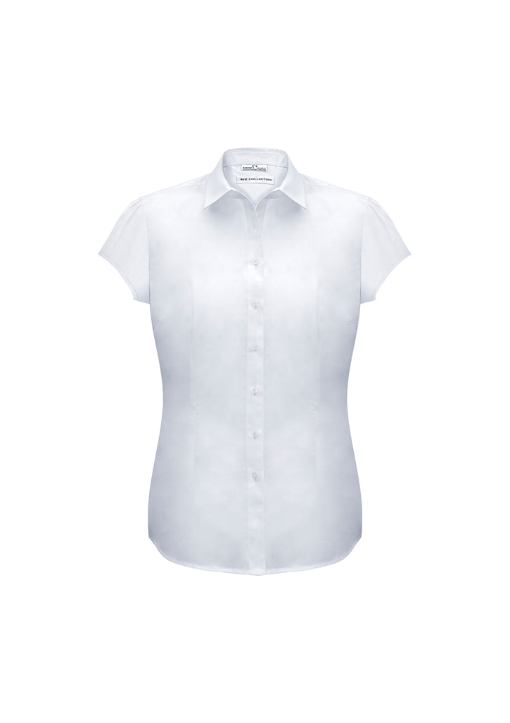 Ladies Euro Short Sleeve Shirt in white, Size 14, featuring gathered shoulders and a stylish curved hem for versatile wear.