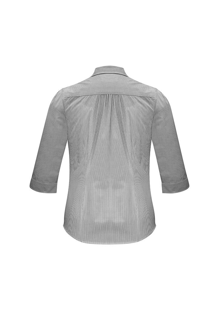 Elegant black 3/4 sleeve shirt for ladies, Size 8, featuring a gathered design and UPF protection, perfect for any occasion.