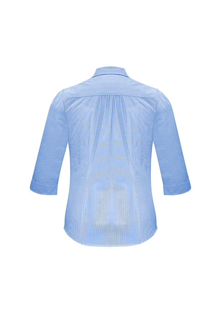 Elegant blue 3/4 sleeve shirt for women, size 26, featuring gathered details and a curved hem for versatile styling.