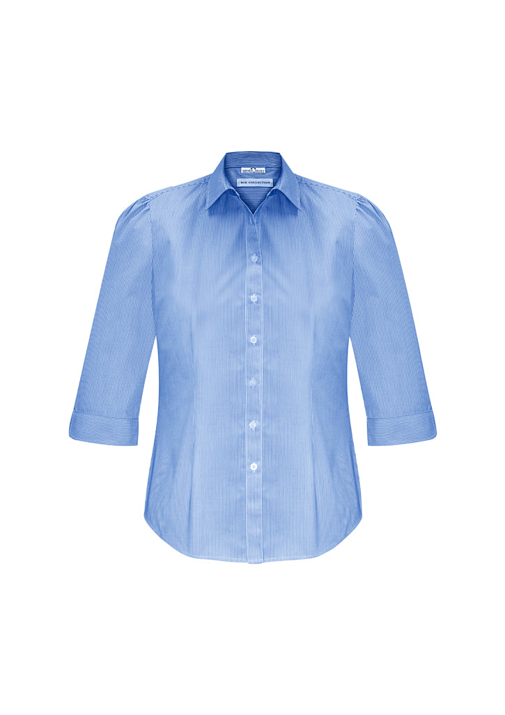 Ladies Euro 3/4 Sleeve Shirt in blue, Size 16, featuring fine stripes, gathered details, and a versatile curved hem.