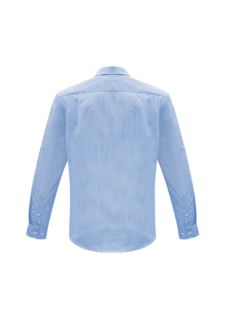 Stylish blue Mens Euro Long Sleeve Shirt in size S with modern collar, chest pocket, and easy-care fabric.