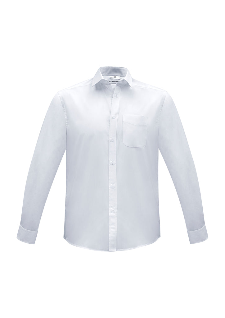 Mens Euro Long Sleeve Shirt in white, size XL, features a modern collar, chest pocket, and breathable easy-care fabric.