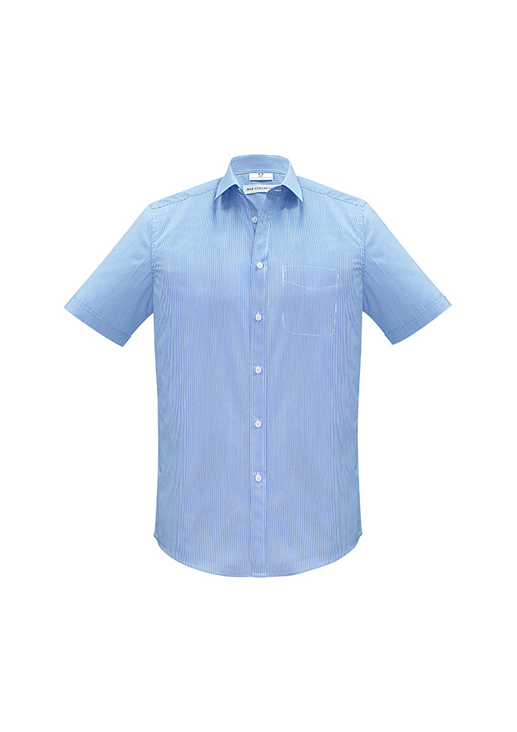 Men's Euro Short Sleeve Shirt in blue, size XL, featuring modern collar, chest pocket, and stylish yarn-dyed stripe fabric.