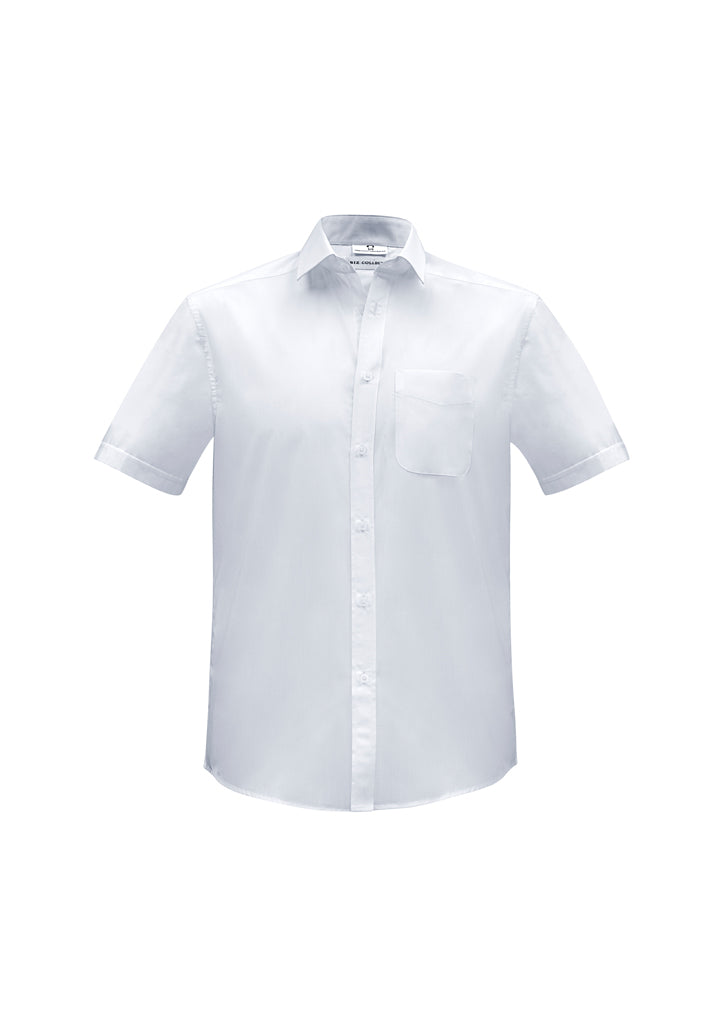 Men's Euro Short Sleeve Shirt in white, size 5XL, featuring a modern collar, chest pocket, and versatile curved hem.