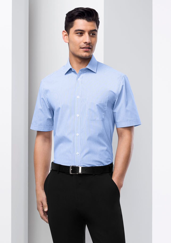 Mens Euro Short Sleeve Shirt in black, Size L, featuring modern collar, chest pocket, and durable easy-care fabric.