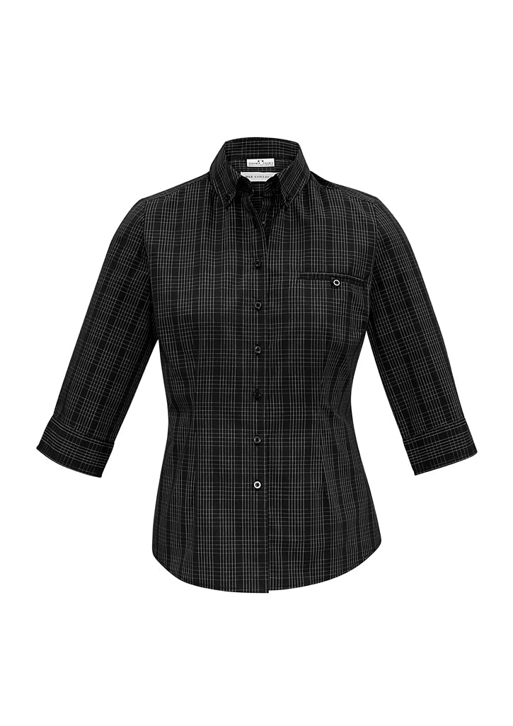 Elegant black/silver 3/4 sleeve shirt for women, featuring a tailored fit, check pattern, and versatile curved hem. Size 14.
