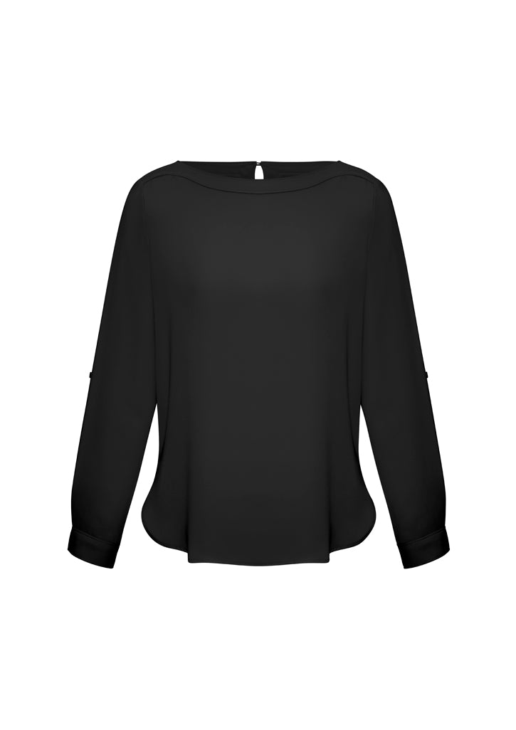 Ladies Madison Boatneck Blouse in black, size 26, featuring wrinkle-resistant fabric and versatile roll-up sleeves.