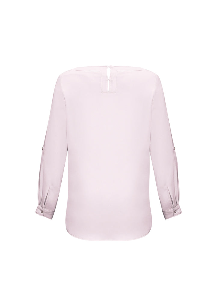 Ladies Madison Boatneck Blouse in blush pink, size 6; features boatneck, roll-up sleeves, and a flattering shirt-tail hem.