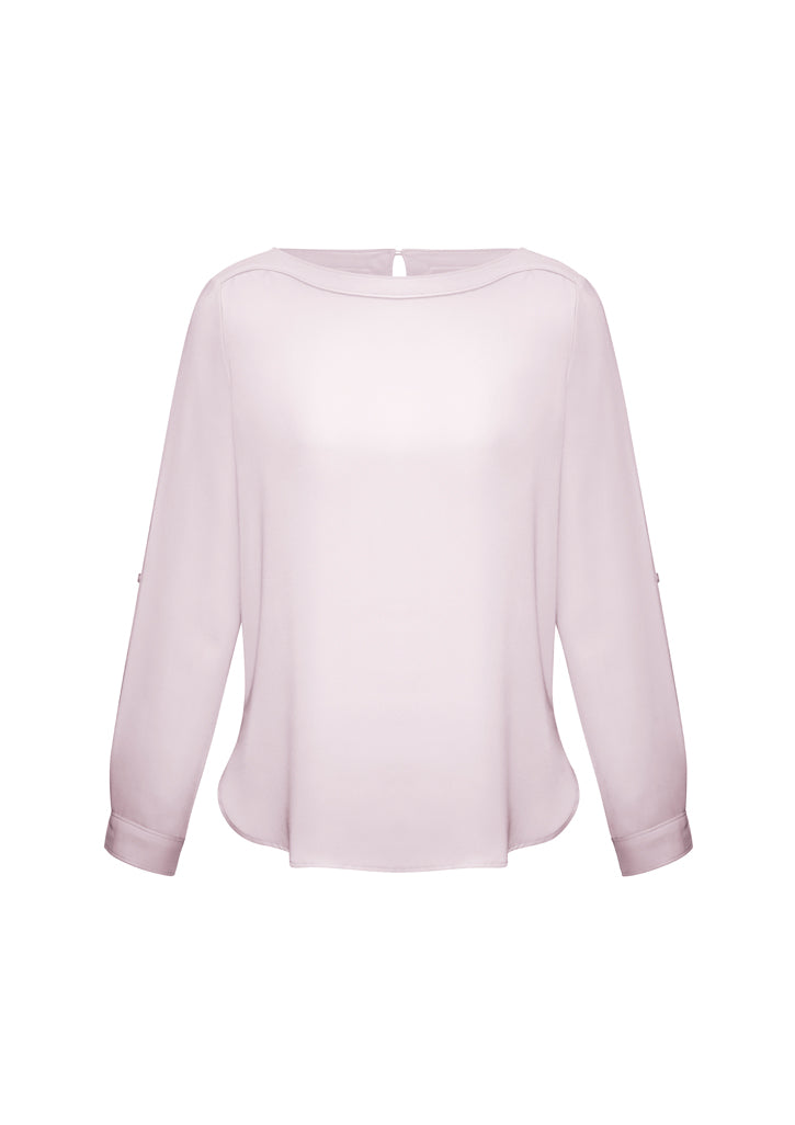 Ladies Madison Boatneck Blouse in blush pink, size 12, featuring a sophisticated boatneck and versatile roll-up sleeves.