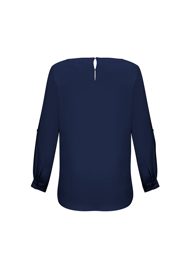 Ladies Madison Boatneck Blouse in Midnight Blue, size 22, featuring a flattering drape and versatile roll-up tab sleeves.