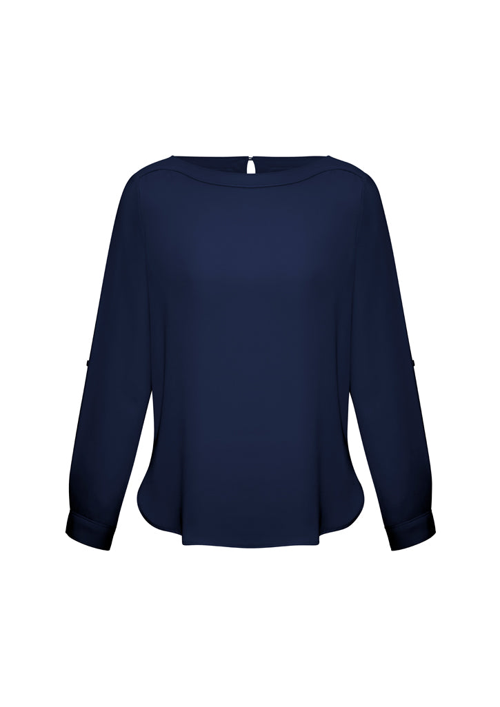 Ladies Madison Boatneck Blouse in Midnight Blue, size 18, featuring a boatneck and roll-up sleeves for versatile styling.