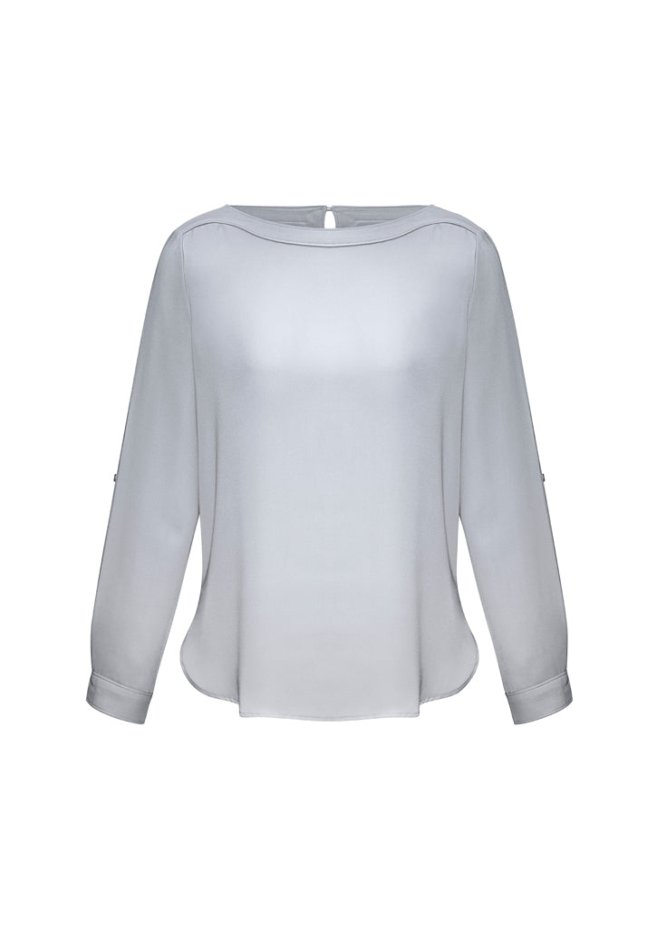 Ladies Madison Boatneck Blouse in Silver Mist, size 22, features elegant boatneck, roll-up tab sleeves, and flattering silhouette.