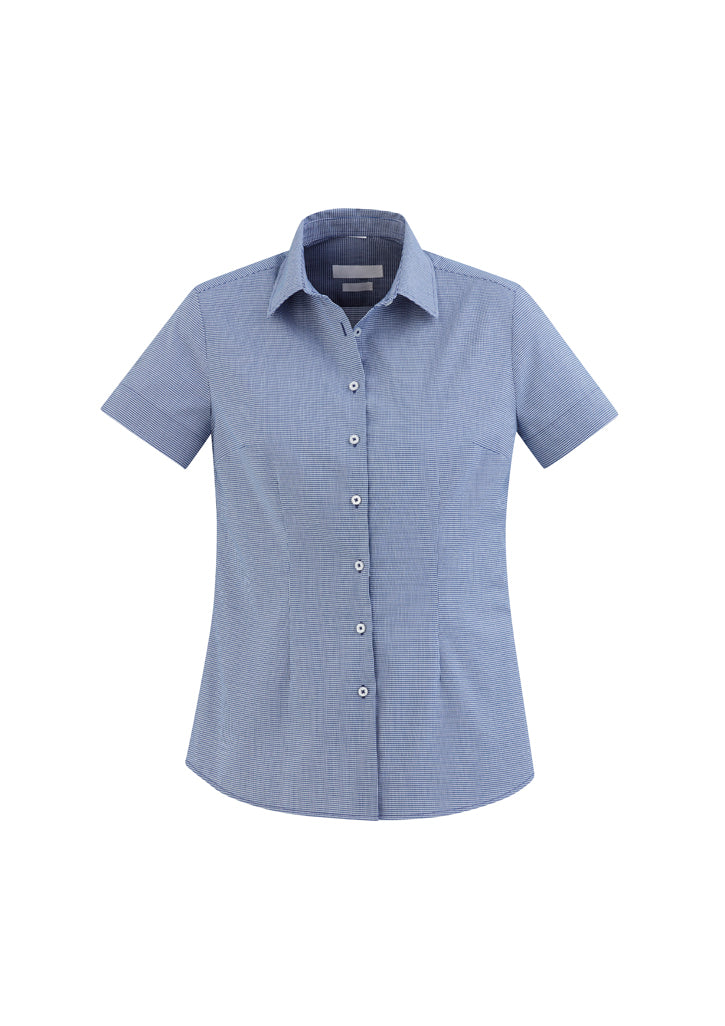 Ladies Jagger S/S Shirt in French Blue, size 12, featuring a micro houndstooth pattern and advanced wrinkle-resistant fabric.