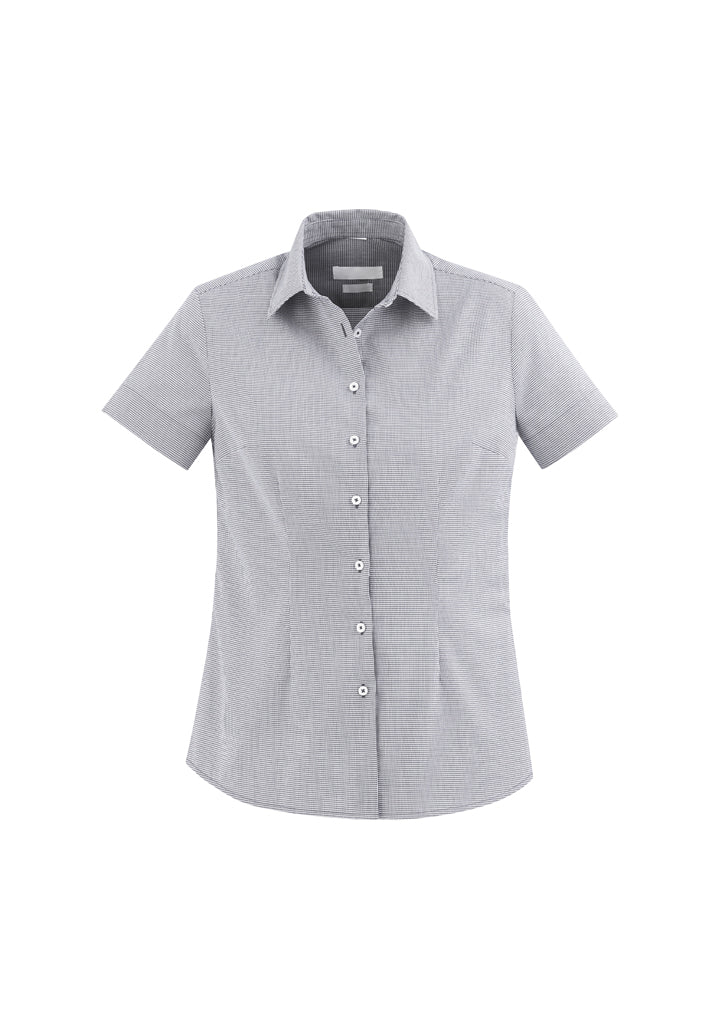 Ladies Jagger S/S Shirt in Silver, Size 16, featuring a tailored fit, wrinkle-resistant fabric, and elegant houndstooth design.