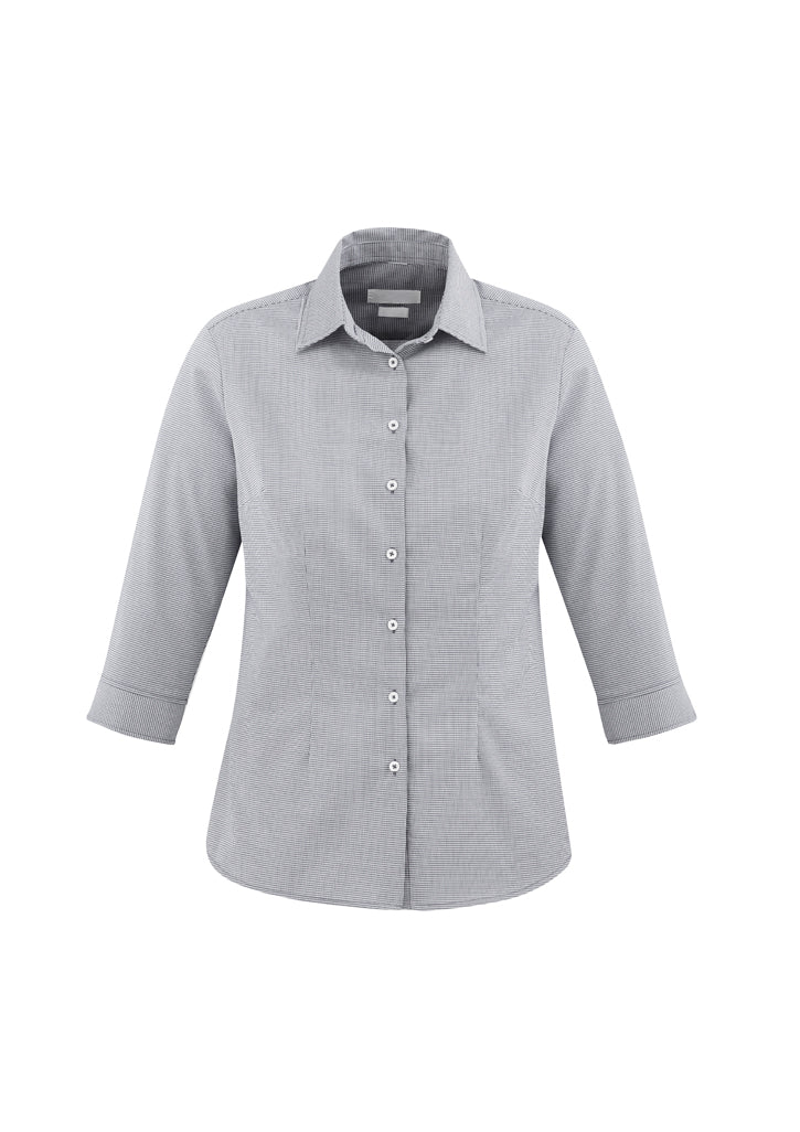 Ladies Jagger Shirt in Silver, Size 6, featuring micro houndstooth pattern, bust darts, and wrinkle-resistant fabric.