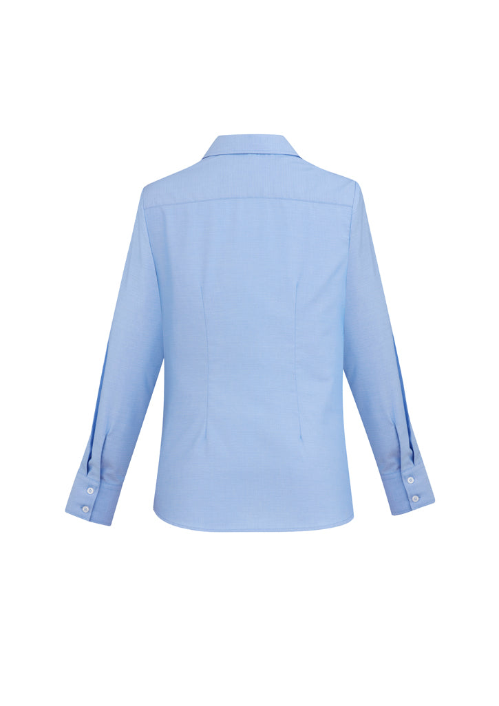 Elegant blue long sleeve shirt for women, crafted from wrinkle-resistant cotton with a subtle herringbone weave, size 12.