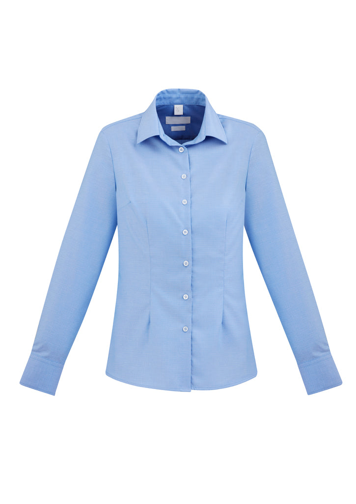 Elegant blue long-sleeve shirt for women, size 6, crafted from wrinkle-resistant premium cotton with flattering bust darts.
